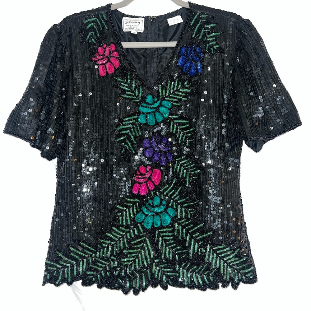 Stenay Black Sequin Top with Multicolor Beaded Floral Embroidery